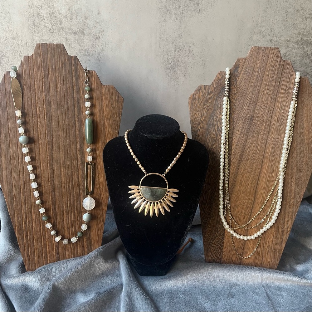 3 Necklace Lot – Boho Nature & Celestial – Stone, Glass & Faux Pearl